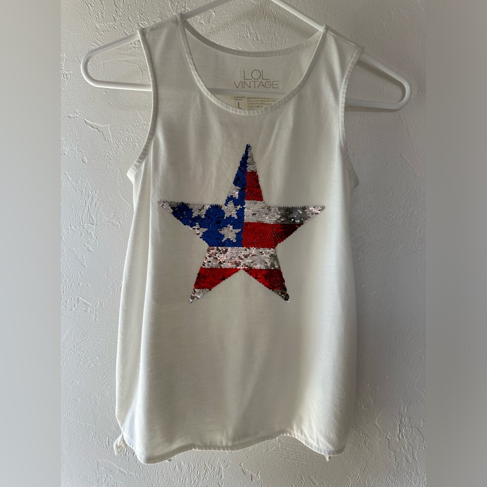 LOL Vintage girls tank - GUC - L - white with sequin star - USA Patriotic